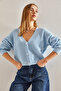 Women's Blue Three-Button Ribbed Knitwear Cardigan Stk0012 - 5