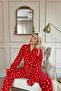 Red Debesis Patterned Front Buttoned Plush Fleece Pajama Set - 4
