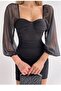 Black Tulle Fabric Chest Padded Long Tulle Sleeve Design Mini Evening Dress 102