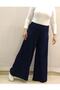 Navy Blue Combed Cotton Viscose Wide Leg Trouser Skirt with Elastic Waist - 2