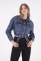 Long Sleeve Short Jeans Women's Jacket with Decorative Pockets on the Front and Elastic Sleeves Dark Blue Denim