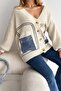 Women's Beige Standard Size Buttoned Oversize Knitwear Cardigan with Denim Pockets - 4