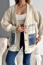 Women's Beige Standard Size Buttoned Oversize Knitwear Cardigan with Denim Pockets - 5