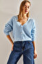 Women's Blue Three-Button Ribbed Knitwear Cardigan Stk0012 - 2