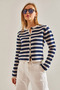 Women's Ecru Navy Blue Buttoned Striped Knitwear Cardigan Stk0010 - 3