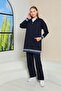 Women's Striped Navy Blue Color Triple Hijab Sports Set Combination - 2