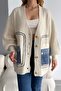 Women's Beige Standard Size Buttoned Oversize Knitwear Cardigan with Denim Pockets - 7