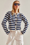 Women's Ecru Navy Blue Buttoned Striped Knitwear Cardigan Stk0010 - 7