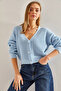 Women's Blue Three-Button Ribbed Knitwear Cardigan Stk0012 - 6