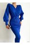 Women's Blue Balloon Sleeve Double Breasted Collar Detailed Belted Scuba Fabric Graduation Wedding Dress - 4