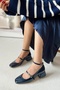 Mary Jane Navy Blue Patent Leather Closed Back Square Toe Cap Short Block Heeled Women's Shoes - 3