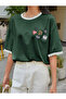 Women's Green-White Piping Detailed Uncool Printed Oversize T-Shirt