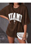 brown MİAMİ printed oversize T-shirt