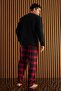 Black Claret Red Plaid Patterned Fleece Men's Pajama Set - 2