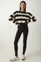Women's Black Cream Striped Crop Knitwear Sweater PF00058 - 3