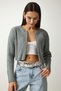 Women's Stone Zippered Ribbed Crop Knitwear Cardigan PF00053 - 2