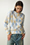 Women's Yellow Blue Patterned Soft Textured Knitwear Sweater LU00022 - 3