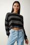 Women's Gray Black Striped Crop Knitwear Sweater PF00058 - 2