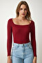 Women's Claret Red Square Neck Corded Knitted Blouse GT00052 - 3