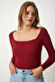 Women's Claret Red Square Neck Corded Knitted Blouse GT00052 - 2