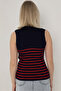 Women's Navy Blue Striped Zero Sleeve Knitwear Body Sweater - 8