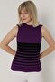 Women's Purple Black Striped Zero Sleeve Knitwear Body Sweater - 4