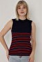 Women's Navy Blue Striped Zero Sleeve Knitwear Body Sweater - 2