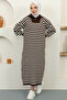11027 Collar Zipper Striped Knitwear Dress Brown - 3