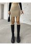 Women's Beige High Waist Slit Detailed Mini Skirt - 5