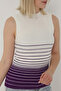 Women's Ecru Purple Striped Zero Sleeve Knitwear Body Sweater - 7