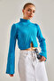 Women's Turquoise Half Fisherman Patterned Crop Sweater Stk269 - 3