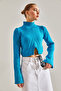 Women's Turquoise Half Fisherman Patterned Crop Sweater Stk269 - 4