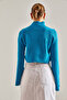 Women's Turquoise Half Fisherman Patterned Crop Sweater Stk269 - 2