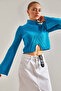 Women's Turquoise Half Fisherman Patterned Crop Sweater Stk269 - 6