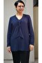 Dark blue kerchief collar look long-sleeved combed cotton Viscose T-shirt - 3