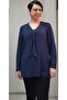 Dark blue kerchief collar look long-sleeved combed cotton Viscose T-shirt