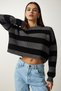 Women's Gray Black Striped Crop Knitwear Sweater PF00058