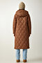 Women's Brown Hooded Quilted Coat with Pockets DD01285 - 7