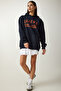 Women's Dark Navy Blue Printed Hooded Sweatshirt OW00012 - 2