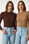 Women's Brown Biscuit 2 Pack Corded Turtleneck Knitted Blouse GT00053