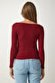 Women's Claret Red Square Neck Corded Knitted Blouse GT00052 - 5