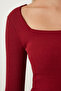 Women's Claret Red Square Neck Corded Knitted Blouse GT00052 - 4