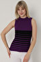 Women's Purple Black Striped Zero Sleeve Knitwear Body Sweater - 2