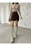 Women's Coffee High Waist Slit Detailed Mini Skirt - 5