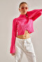 Women's Fuchsia Half Fisherman Patterned Crop Sweater Stk269 - 3
