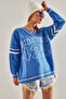 Women's Ice Blue V-Neck Letter Printed Oversize Knitwear Sweater Stk265 - 5