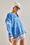 Women's Ice Blue V-Neck Letter Printed Oversize Knitwear Sweater Stk265 - 3
