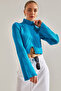 Women's Turquoise Half Fisherman Patterned Crop Sweater Stk269