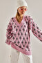 Women's Pink V-Neck Patterned Knitwear Sweater Stk264 - 5