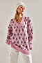 Women's Pink V-Neck Patterned Knitwear Sweater Stk264 - 6